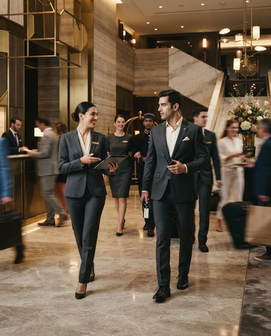 Luxury hospitality team in tailored uniforms