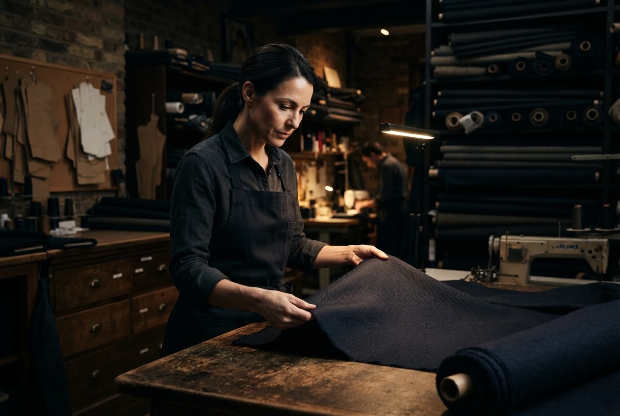 Textile artisan inspecting fabric
