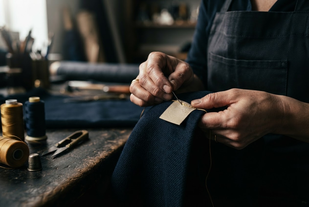 Artisan attaching a woven label