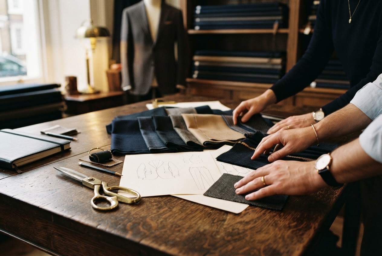 Designers arranging fabrics during a consultation