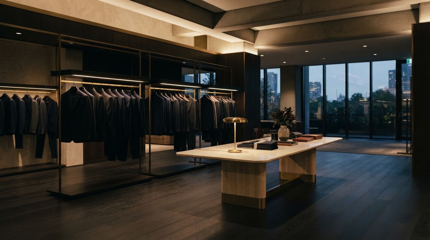 Opulent textile showroom at dusk