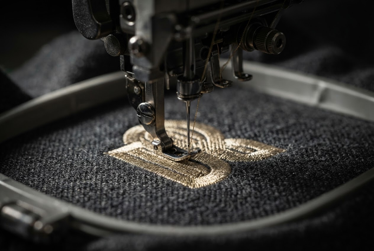 Gold thread embroidery in extreme close-up