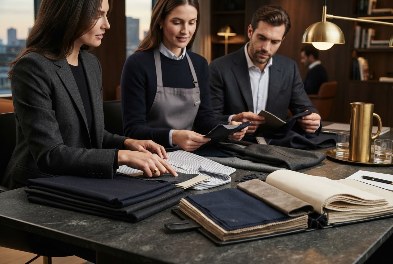 Corporate procurement team reviewing uniform samples