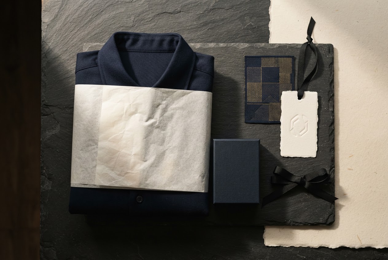 Luxury apparel labels and recycled packaging