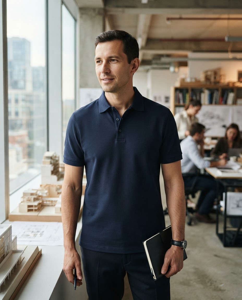 Professional wearing a premium navy polo