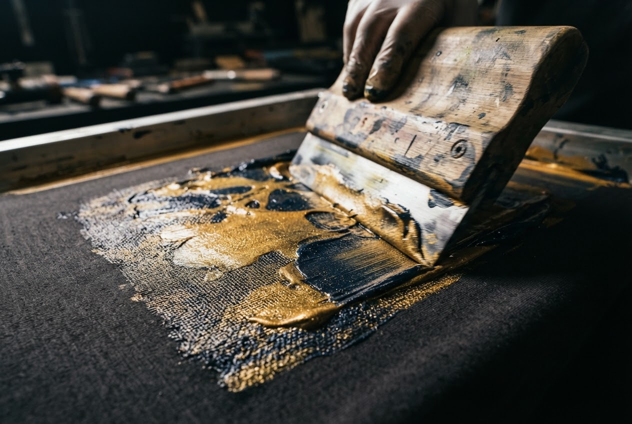 Artisan applying print to dark cotton