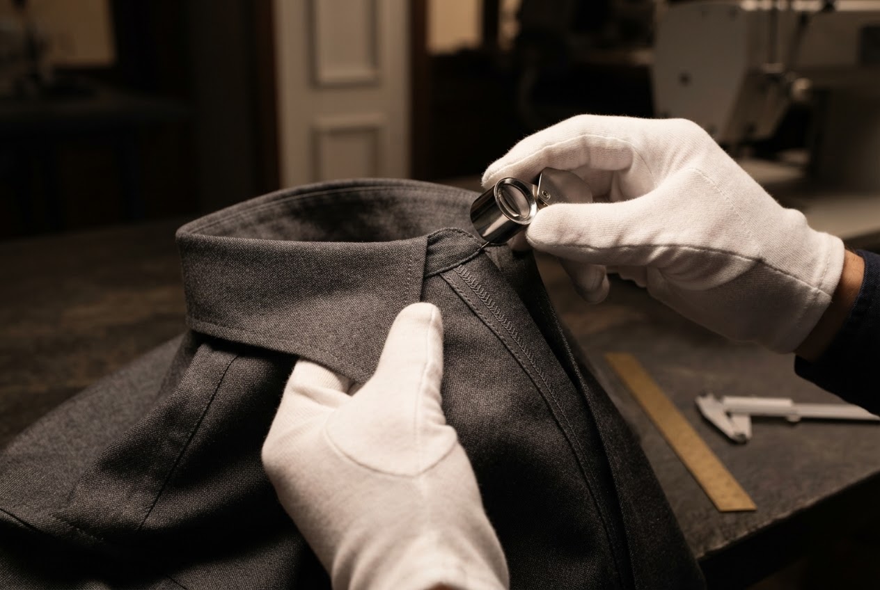 Inspector examining precision garment stitching